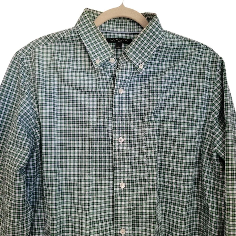 Banana Republic Shirt Mens L Large Green Blue Plaid Button Up Long Sleeve